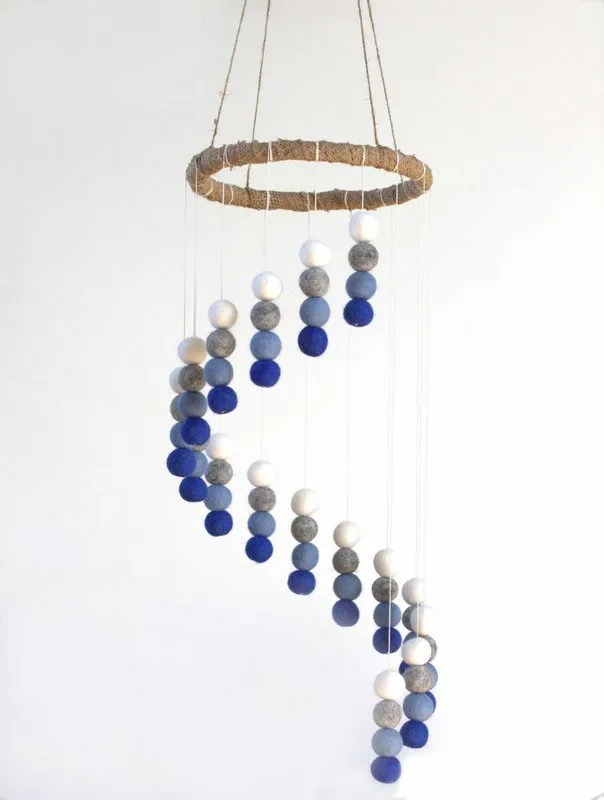 Spiral Felt Ball Mobile- Royal Blue, Baby Blue, Gray, White