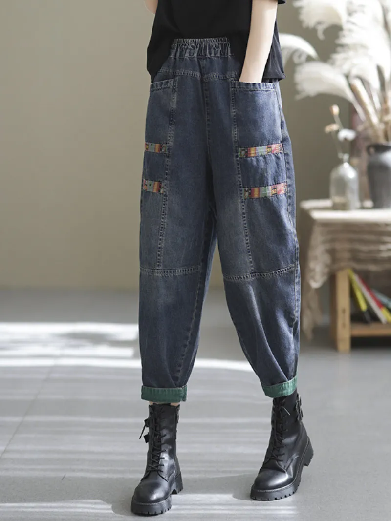 Spring and Autumn Casual Denim Loose patch Harem Bottom Pants