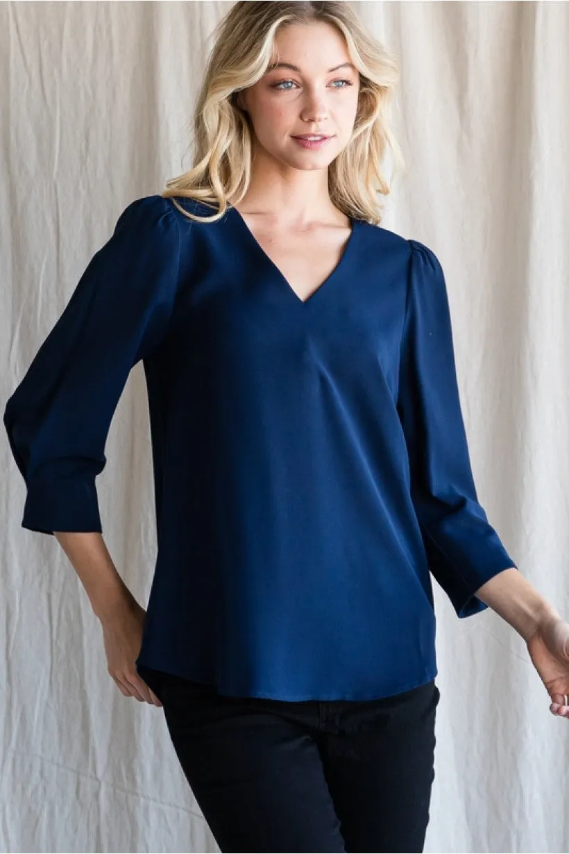 Three Quarter Sleeve V-Neck Blouse - Navy