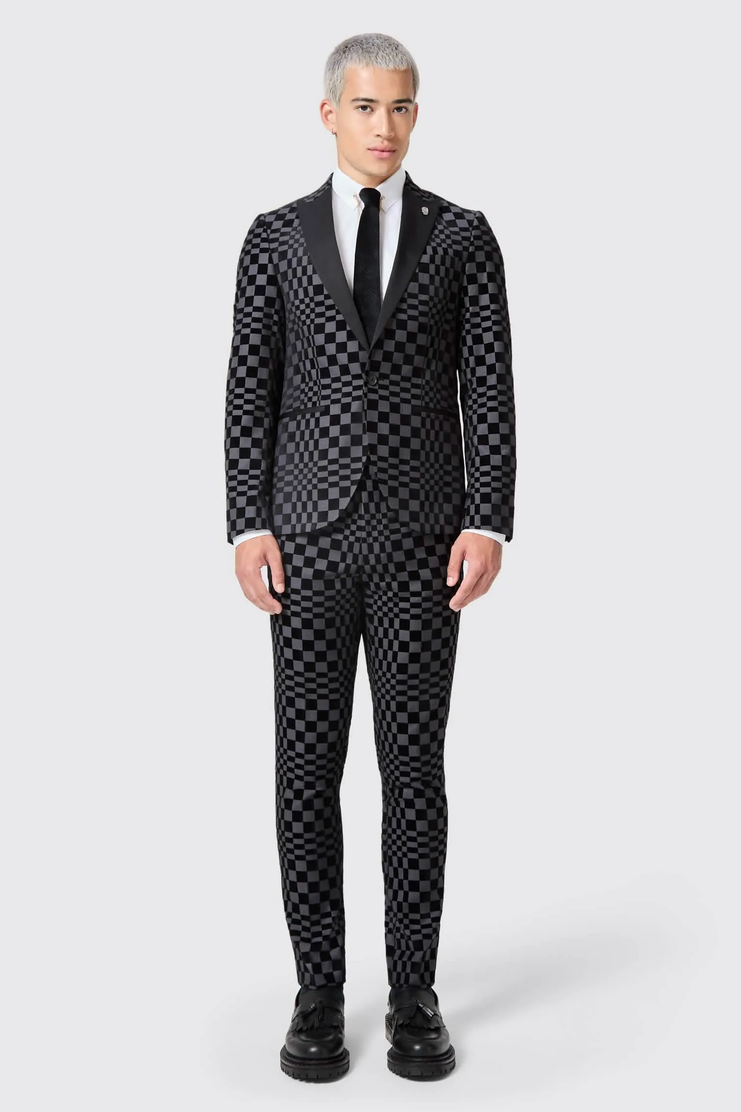 Tiber Skinny Fit Grey Check Tuxedo Jacket