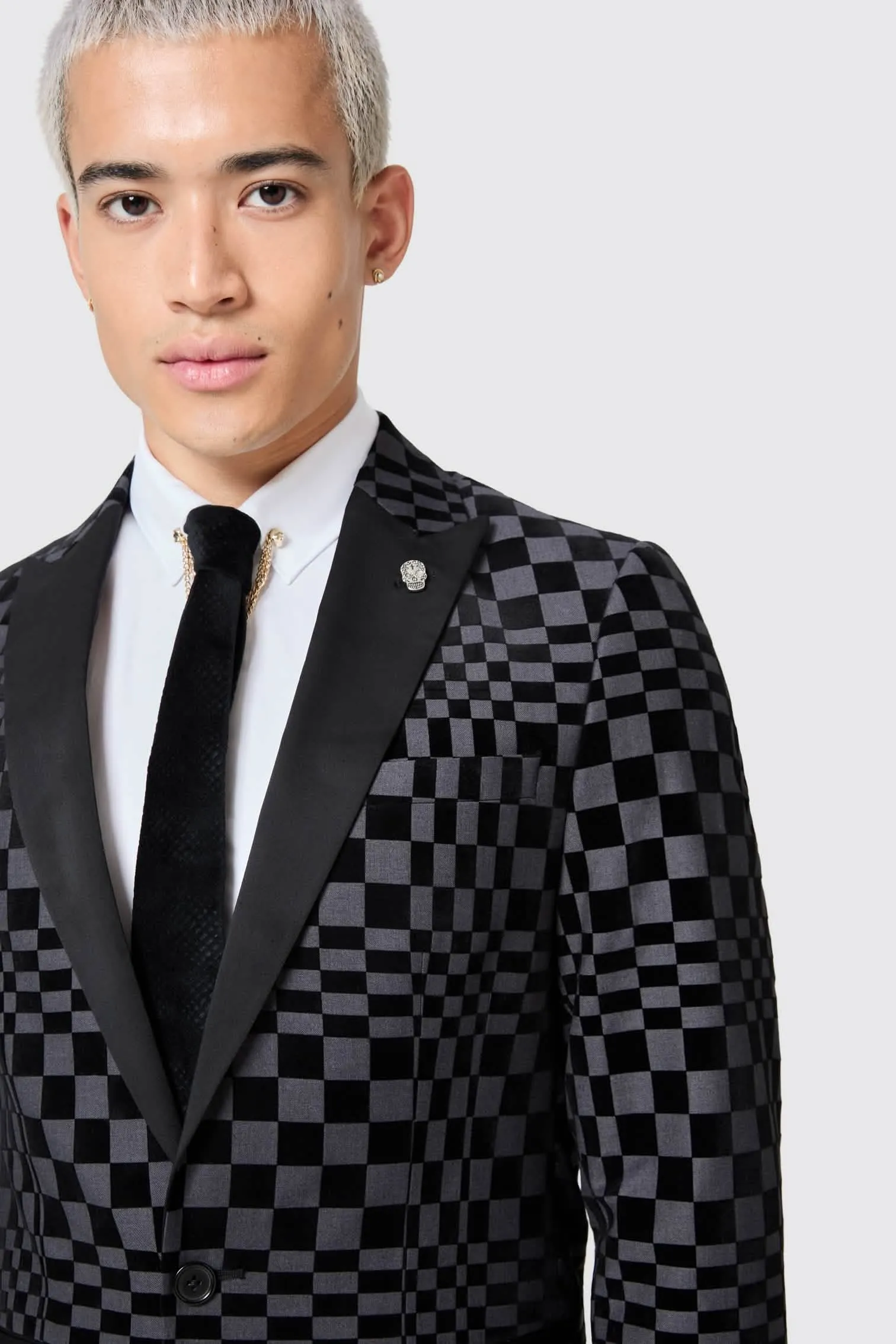 Tiber Skinny Fit Grey Check Tuxedo Jacket