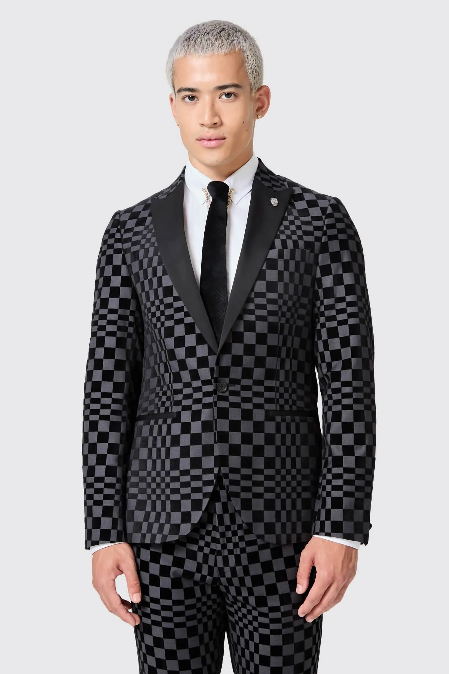 Tiber Skinny Fit Grey Check Tuxedo Suit