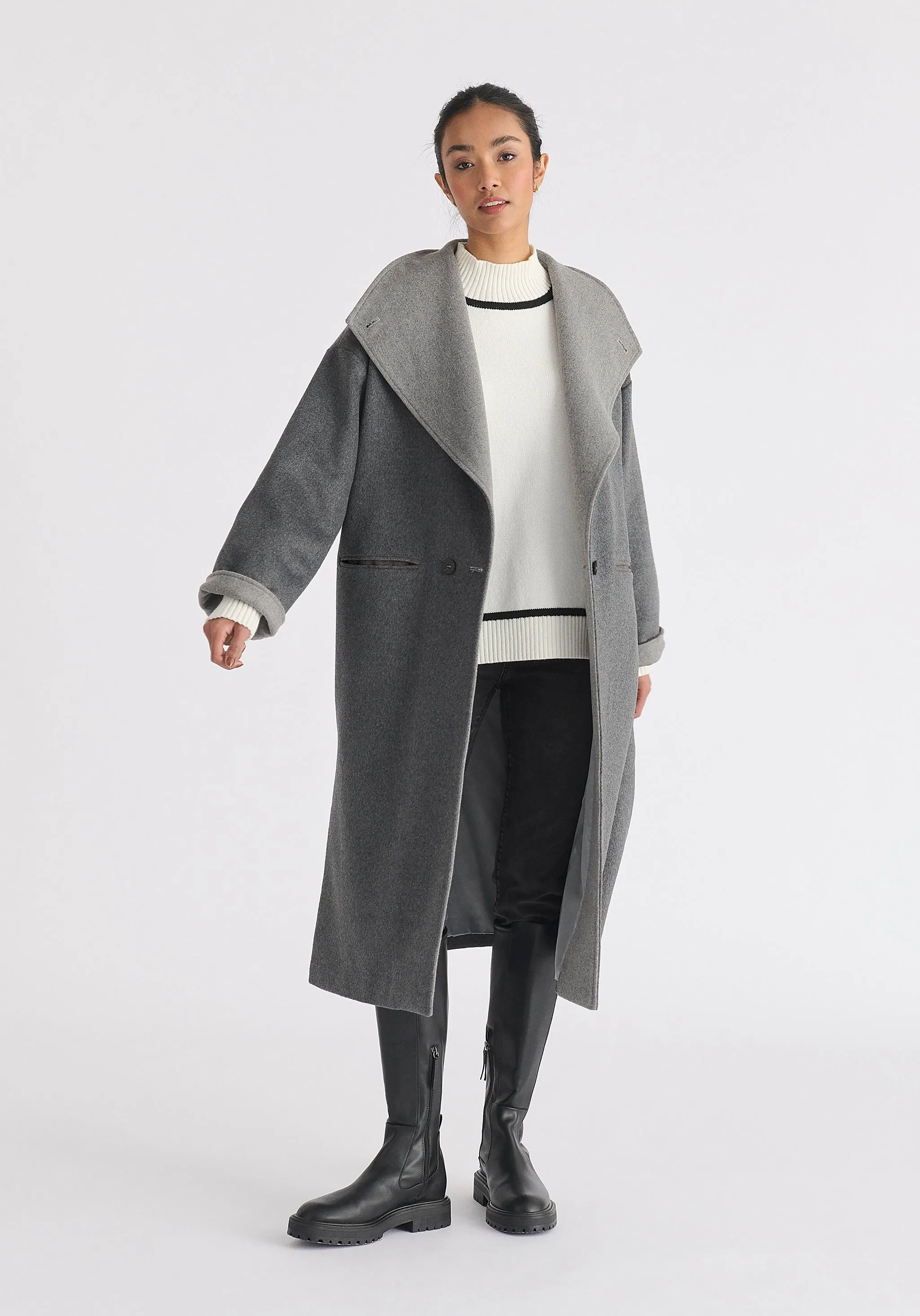 Two-Tone Double Breasted Wool Blend Coat