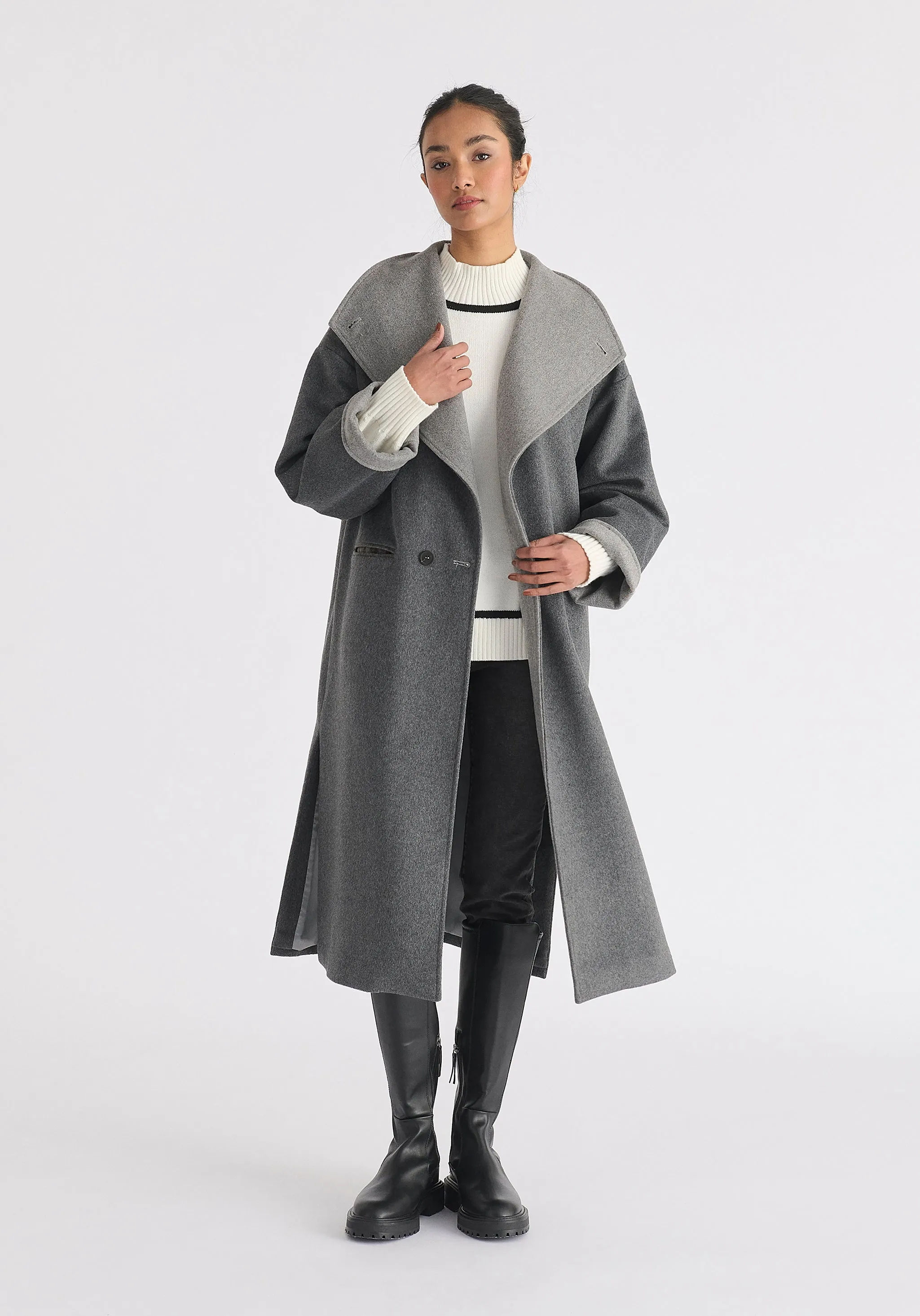 Two-Tone Double Breasted Wool Blend Coat