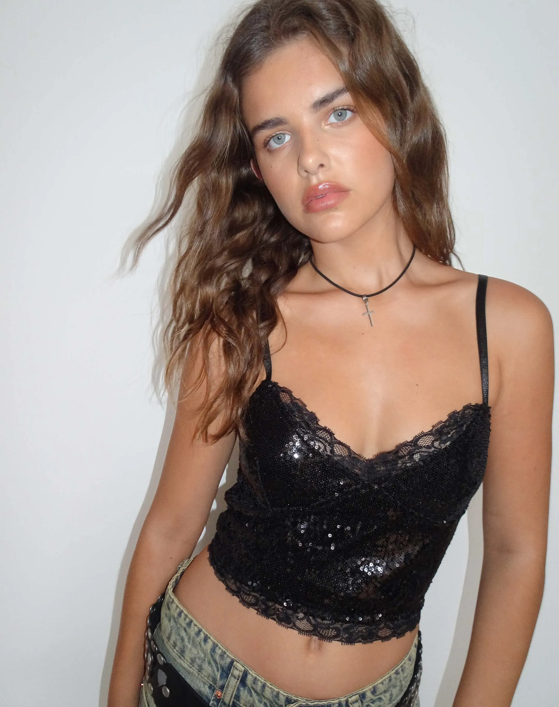 Urban X Motel Drilly Crop Top in Black Mini Sequin