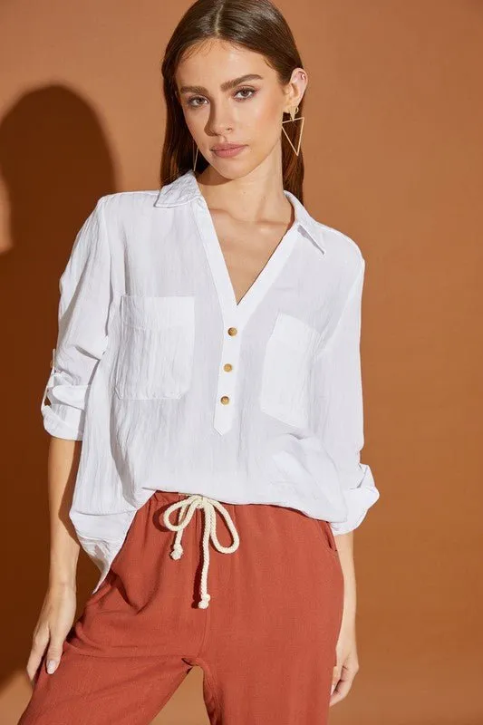 V Neck Button Down Shirt