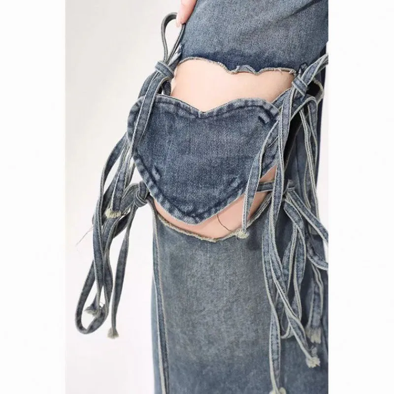 Wenkouban 90s streetwear Love Knot Knee-Heart Denim Pants