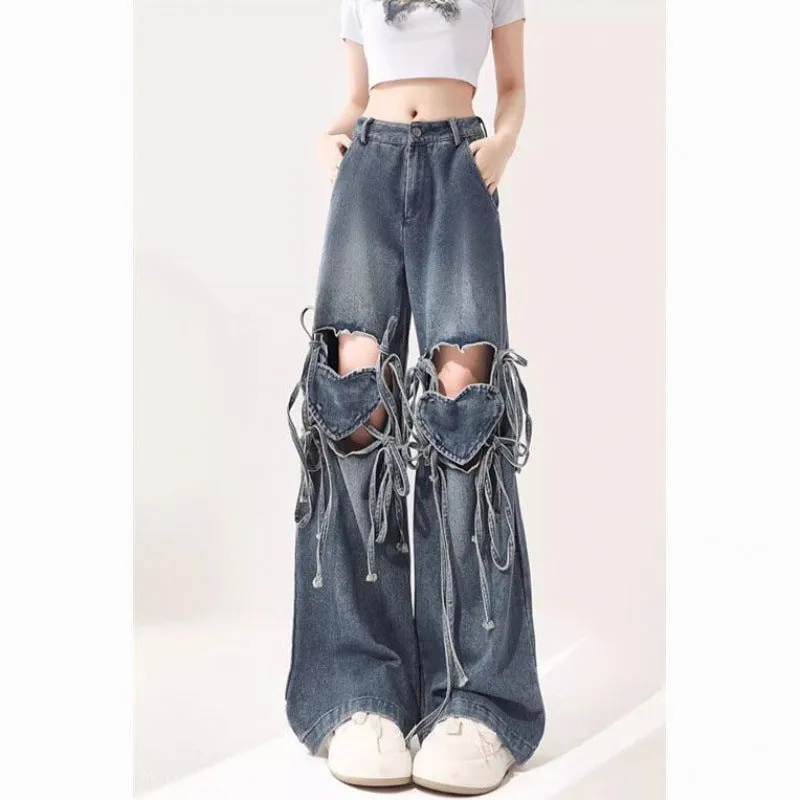 Wenkouban 90s streetwear Love Knot Knee-Heart Denim Pants