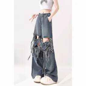 Wenkouban 90s streetwear Love Knot Knee-Heart Denim Pants