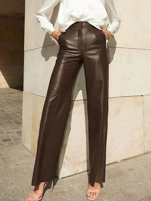 Wenkouban-Black Friday Christmas Thanksgiving Skinny Leg Straight Leg High-Waisted Solid Color Split-Joint PU Pants Trousers