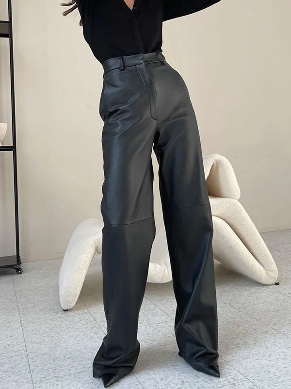 Wenkouban-Black Friday Christmas Thanksgiving Skinny Leg Straight Leg High-Waisted Solid Color Split-Joint PU Pants Trousers