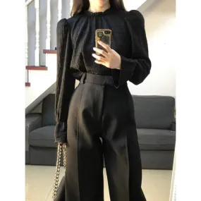 Wenkouban business casual outfits Suit Women's 2024 Autumn New High-Grade Lantern Sleeve Shirt Design Top High Waist Slimming Suit Trousers