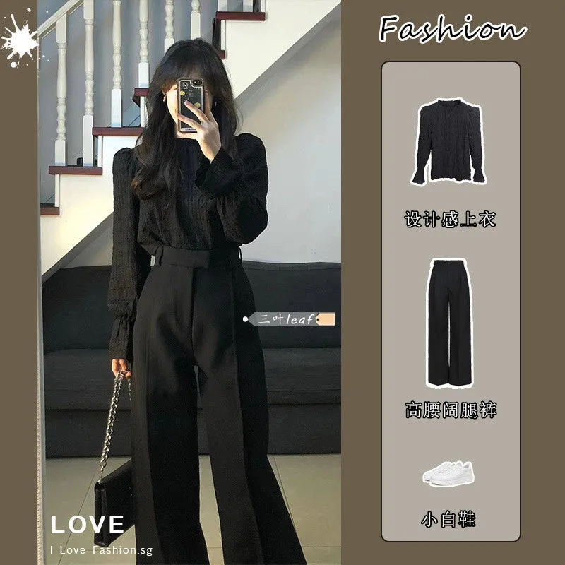 Wenkouban business casual outfits Suit Women's 2024 Autumn New High-Grade Lantern Sleeve Shirt Design Top High Waist Slimming Suit Trousers