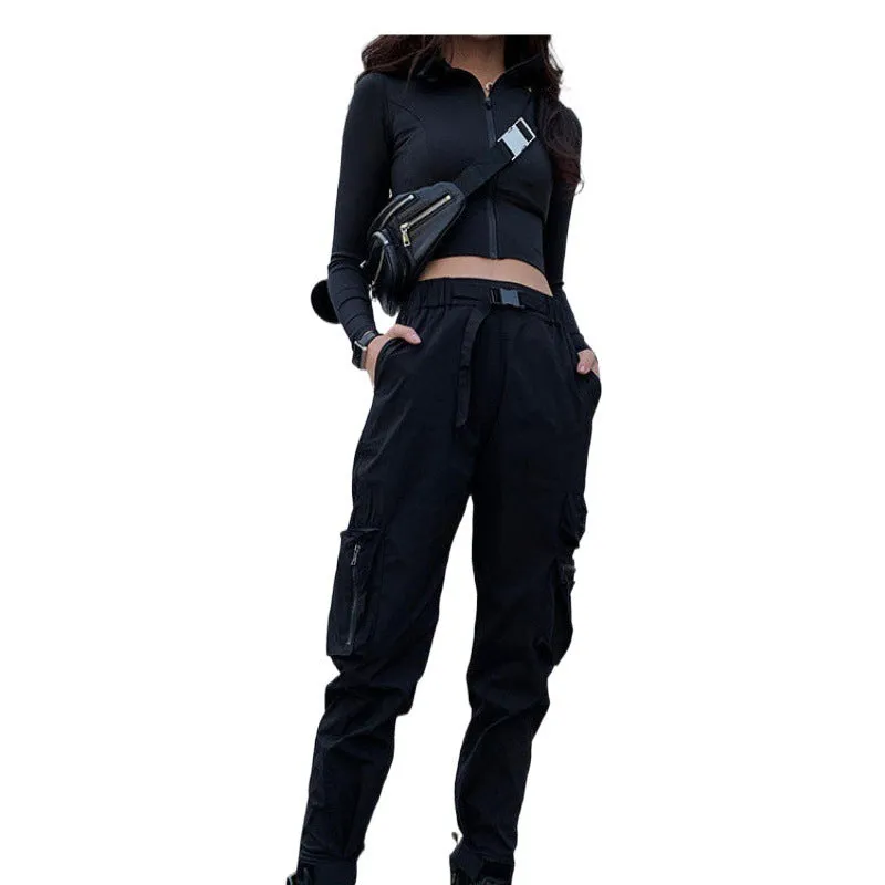 Wenkouban Fall Street style techwear outfits Black Fried Street Overalls Women's Fashionable Spring and Autumn Motorcycle Riding Pants High Waist Ankle-Tied Pants