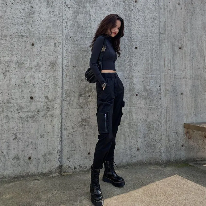 Wenkouban Fall Street style techwear outfits Black Fried Street Overalls Women's Fashionable Spring and Autumn Motorcycle Riding Pants High Waist Ankle-Tied Pants