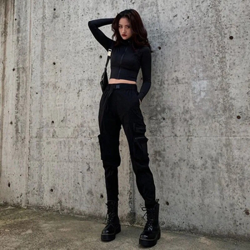 Wenkouban Fall Street style techwear outfits Black Fried Street Overalls Women's Fashionable Spring and Autumn Motorcycle Riding Pants High Waist Ankle-Tied Pants