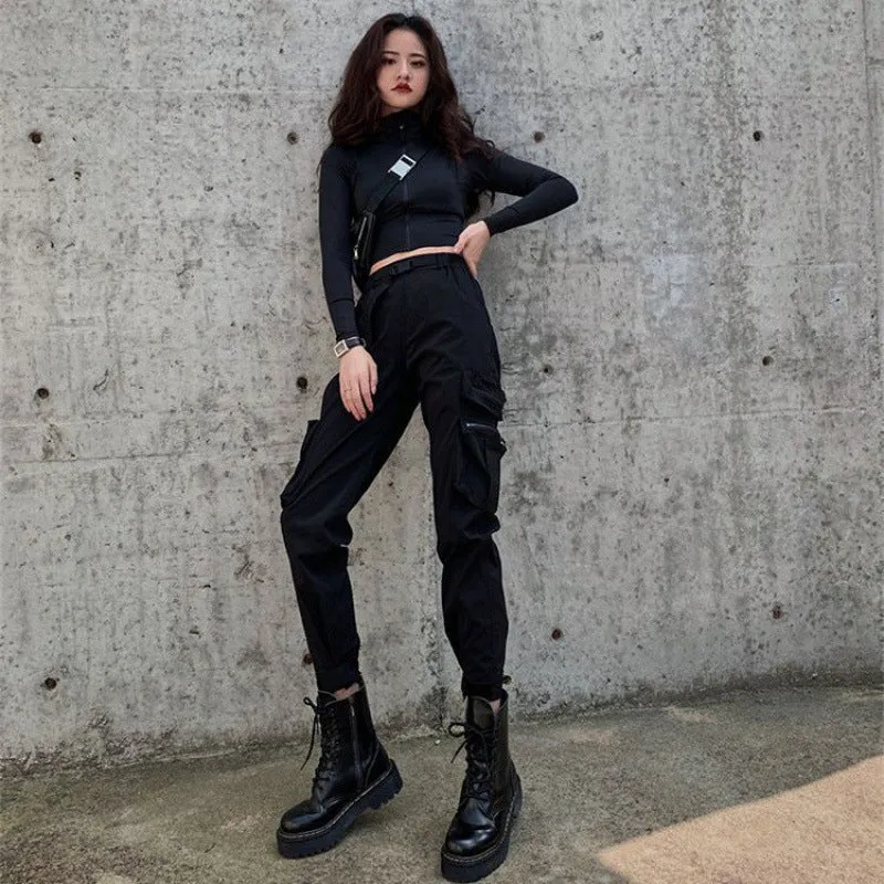 Wenkouban Fall Street style techwear outfits Black Fried Street Overalls Women's Fashionable Spring and Autumn Motorcycle Riding Pants High Waist Ankle-Tied Pants