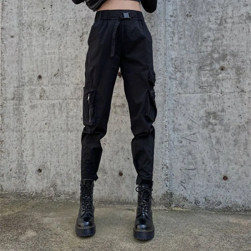 Wenkouban Fall Street style techwear outfits Black Fried Street Overalls Women's Fashionable Spring and Autumn Motorcycle Riding Pants High Waist Ankle-Tied Pants