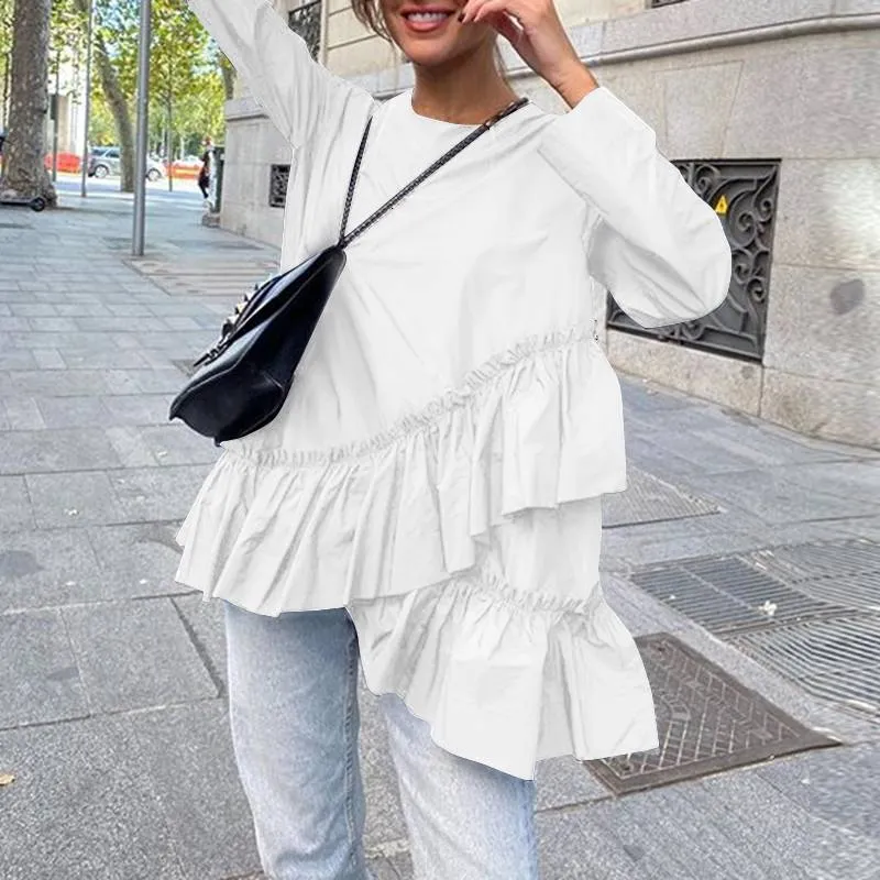 Wenkouban Stylish Tops Women Long Sleeve Asymmetrical Blouses Round Neck Elegant Ruffles Top Casual Tunic Blusas Femme