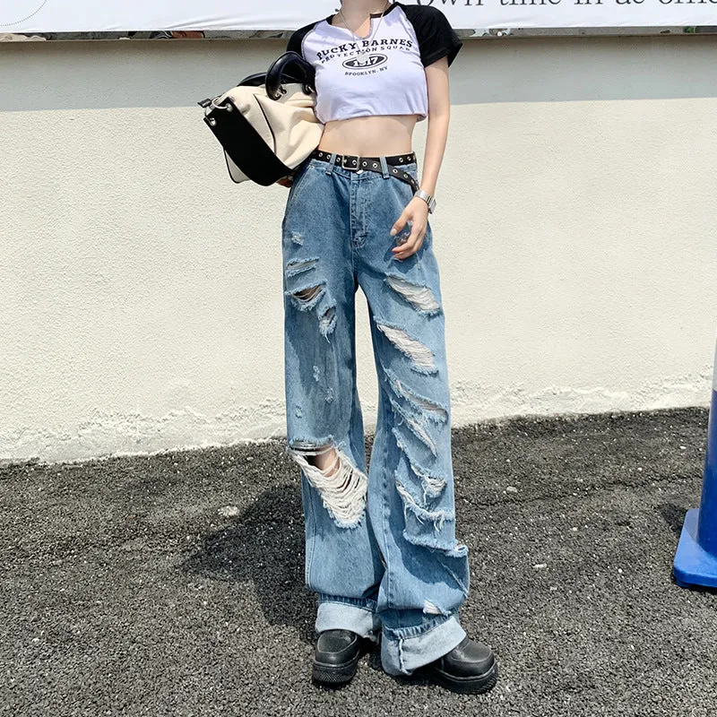 Wenkouban tomboy outfit Hot Girl Ripped Jeans Women's Summer New Straight Loose High Waist Slimming Wide Leg Pants Fashion Ins