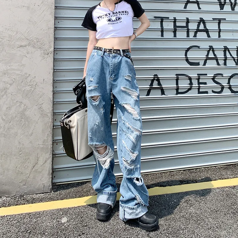 Wenkouban tomboy outfit Hot Girl Ripped Jeans Women's Summer New Straight Loose High Waist Slimming Wide Leg Pants Fashion Ins