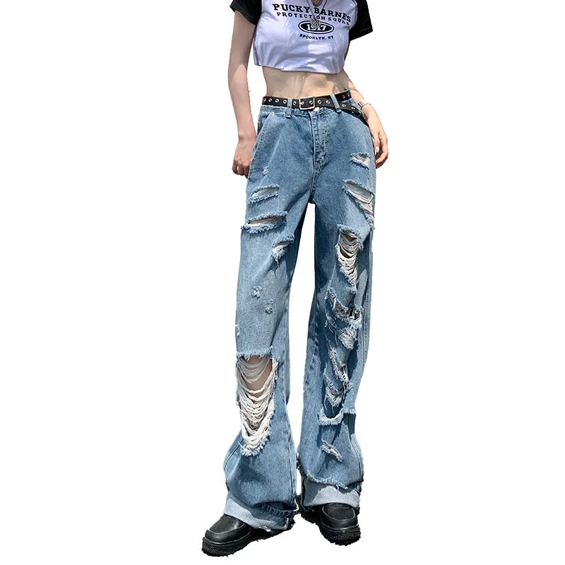 Wenkouban tomboy outfit Hot Girl Ripped Jeans Women's Summer New Straight Loose High Waist Slimming Wide Leg Pants Fashion Ins