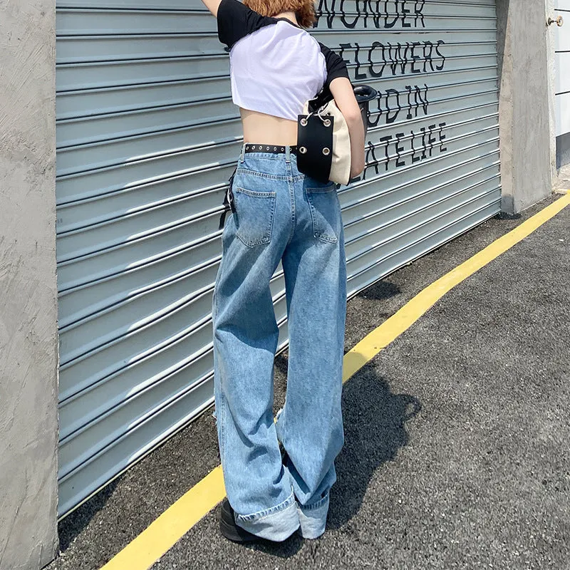 Wenkouban tomboy outfit Hot Girl Ripped Jeans Women's Summer New Straight Loose High Waist Slimming Wide Leg Pants Fashion Ins