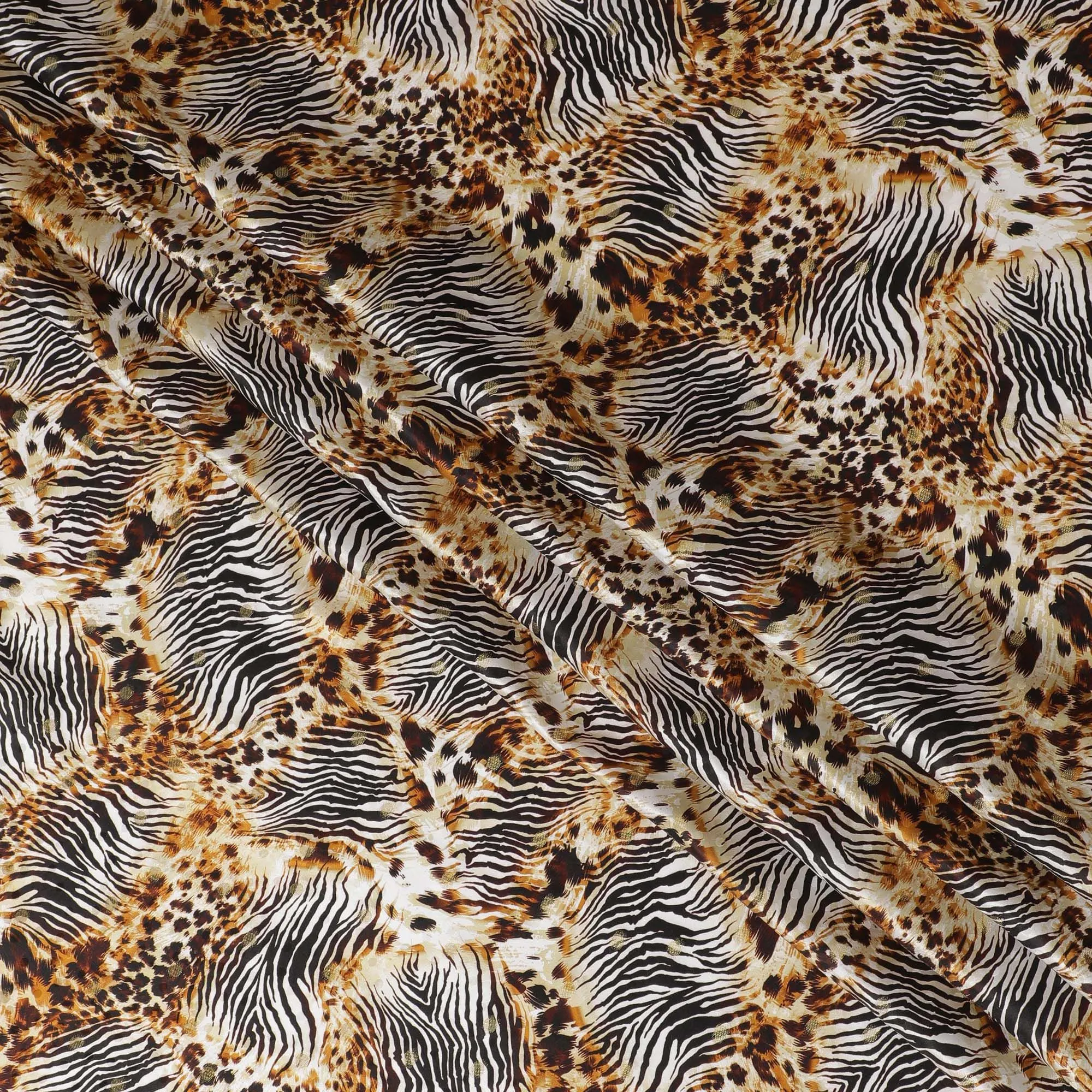 White Premium pure silk satin fabric with black and grey print having gold metallic in animal skin design-D17072