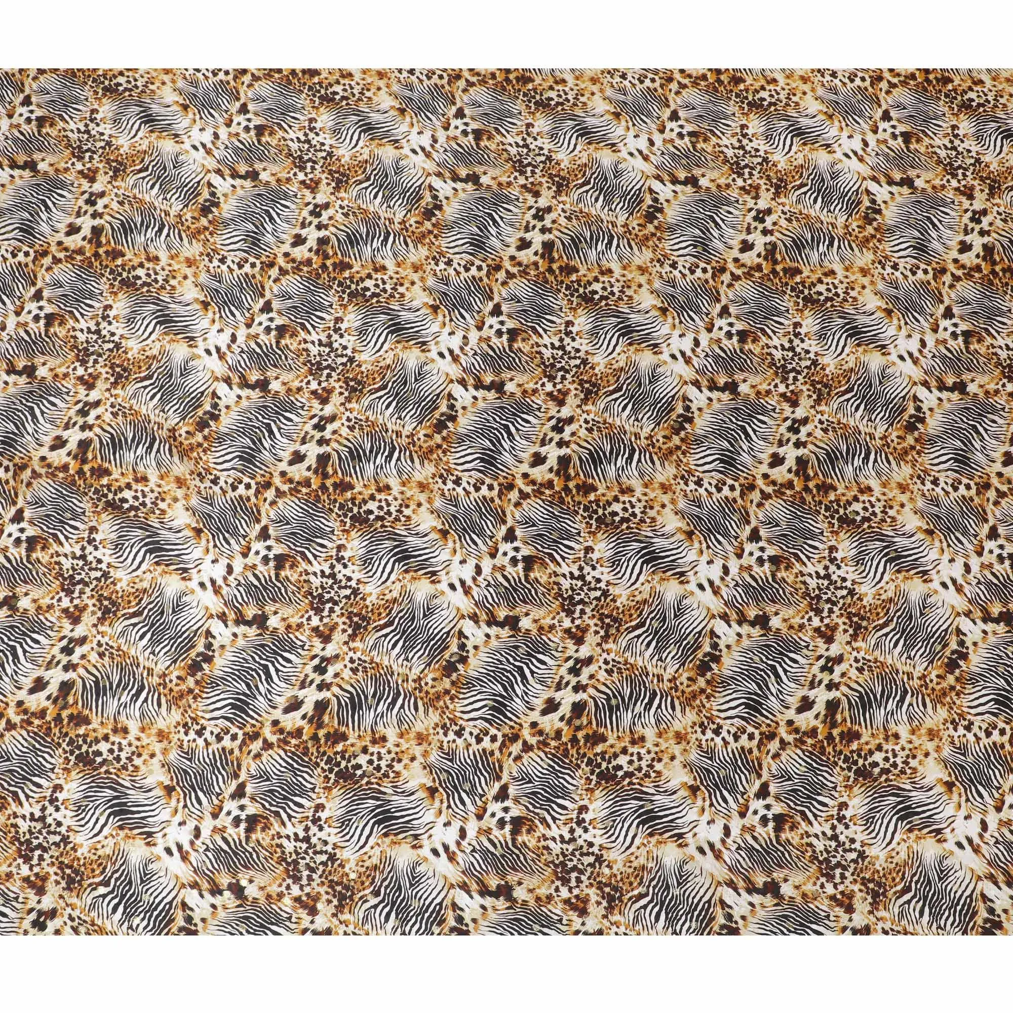 White Premium pure silk satin fabric with black and grey print having gold metallic in animal skin design-D17072