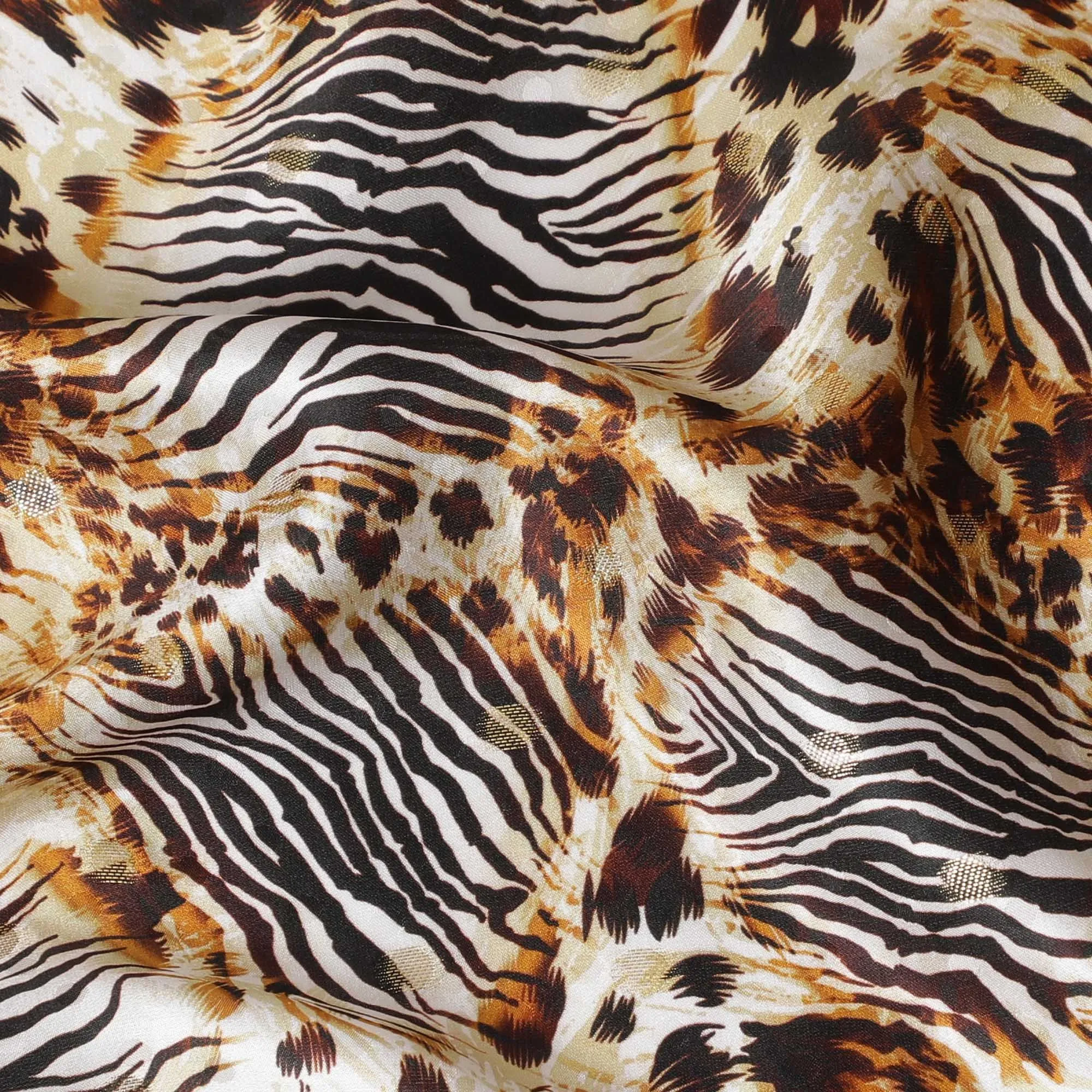 White Premium pure silk satin fabric with black and grey print having gold metallic in animal skin design-D17072