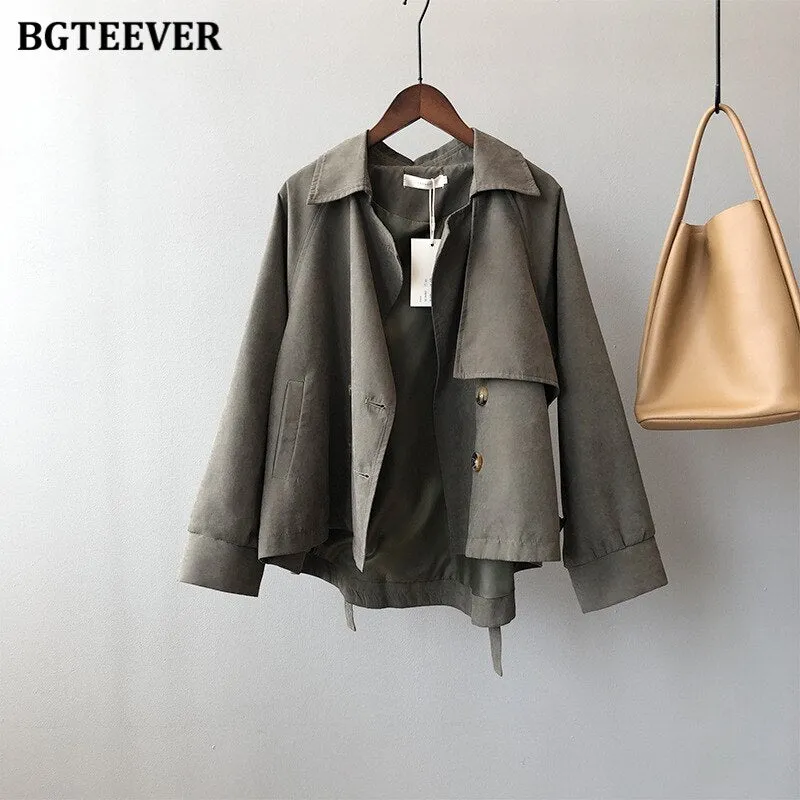 Wjczt Autumn Fashion Chic Ladies Double Breasted Windbreaker Jacket Vintage Full Sleeve Loose Female Short Trench Coats 2021