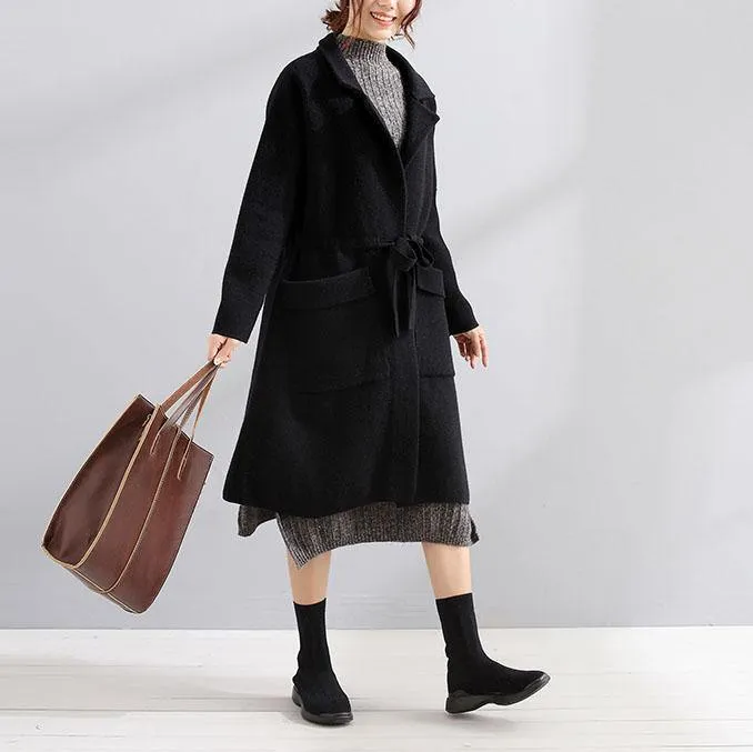 women black wool coat plus size trench coat fall Square Collar tie waist