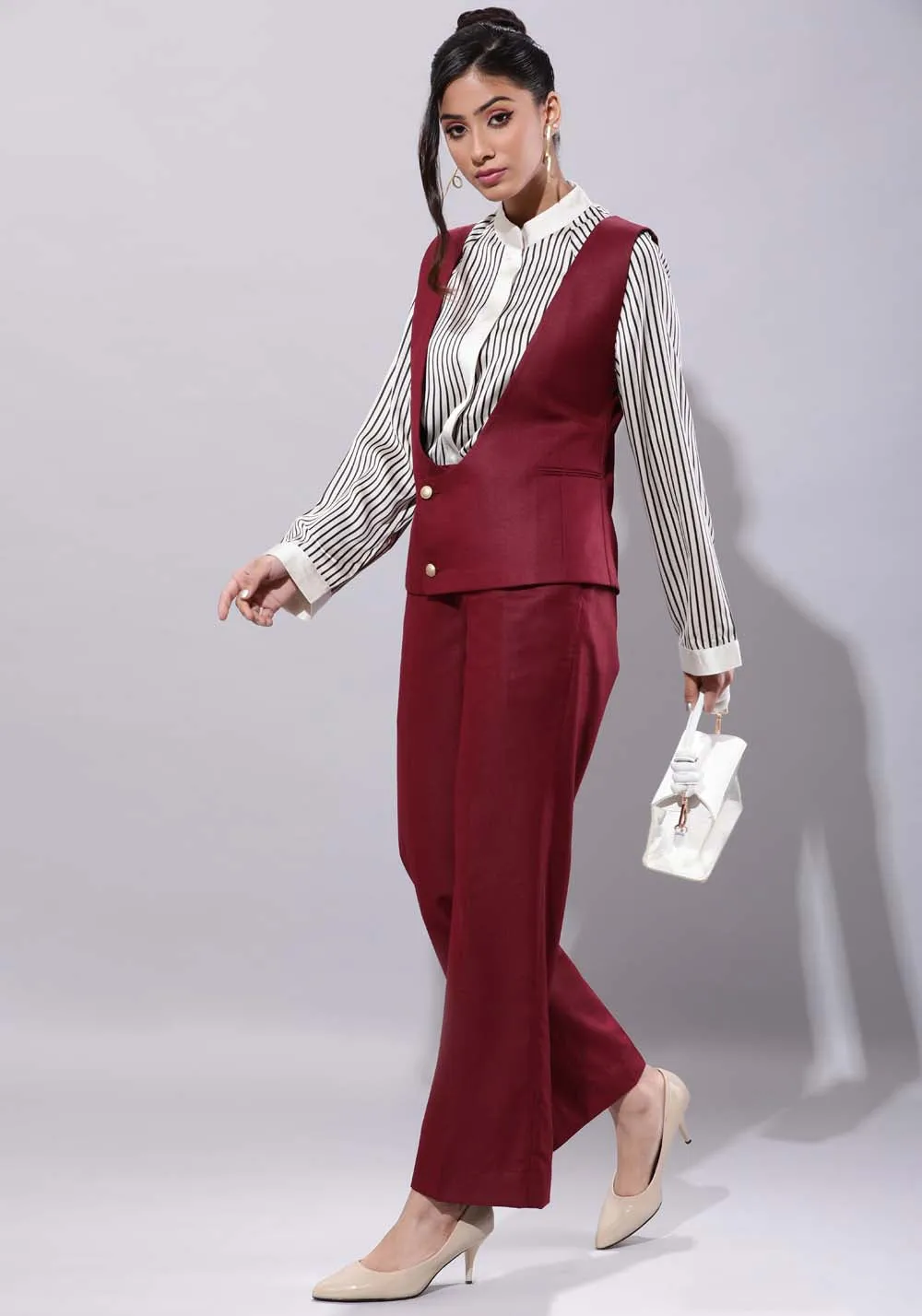 Women Deep Neck Waistcoat With Culottes Set