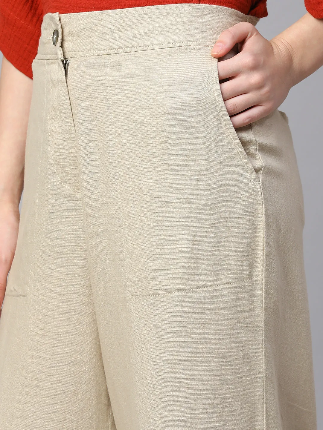 Women's Beige Linen Viscose Wide Leg Culotte