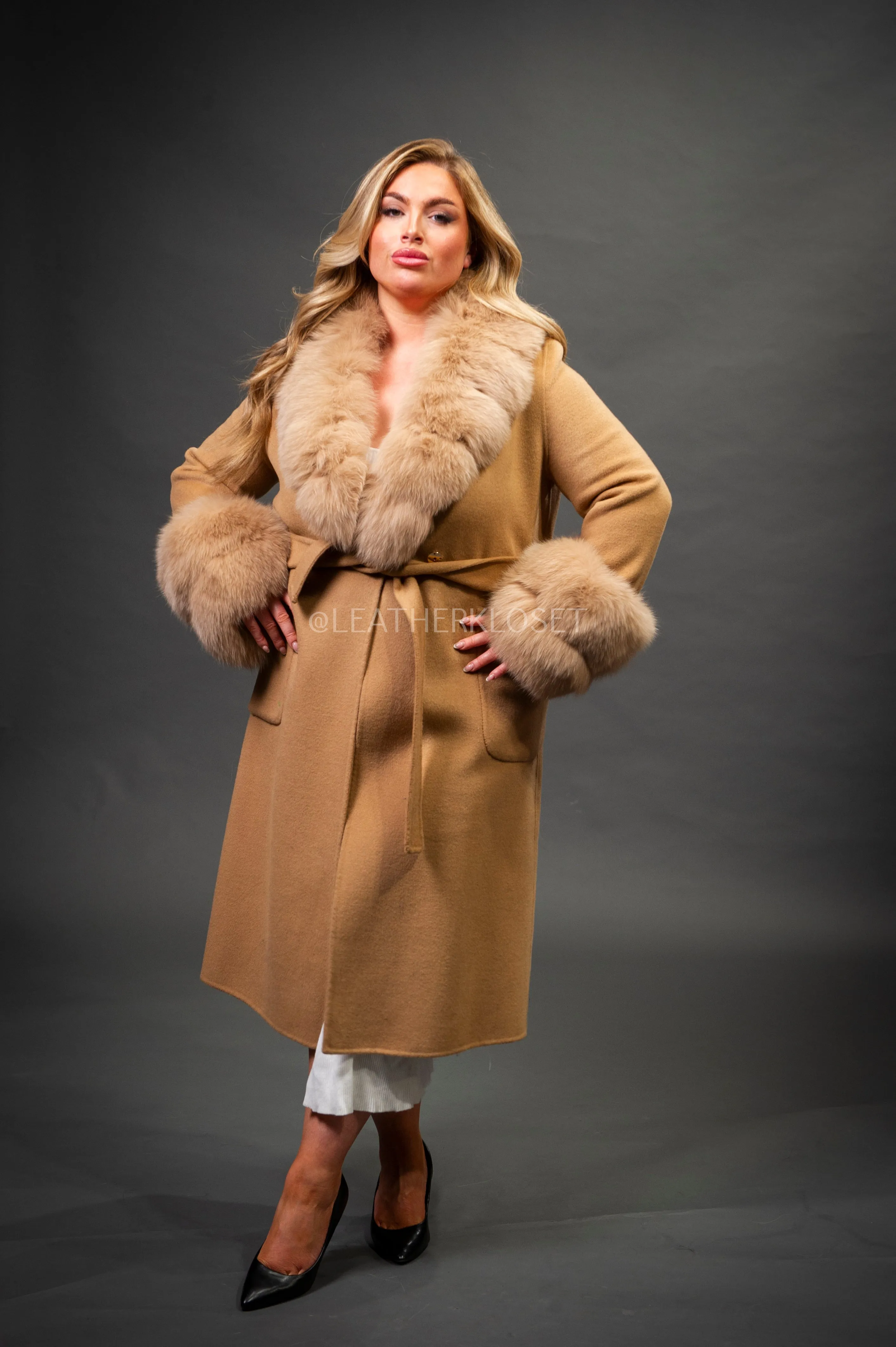 Women's Cashmere Trench Coat With Fox Trimming [Camel]