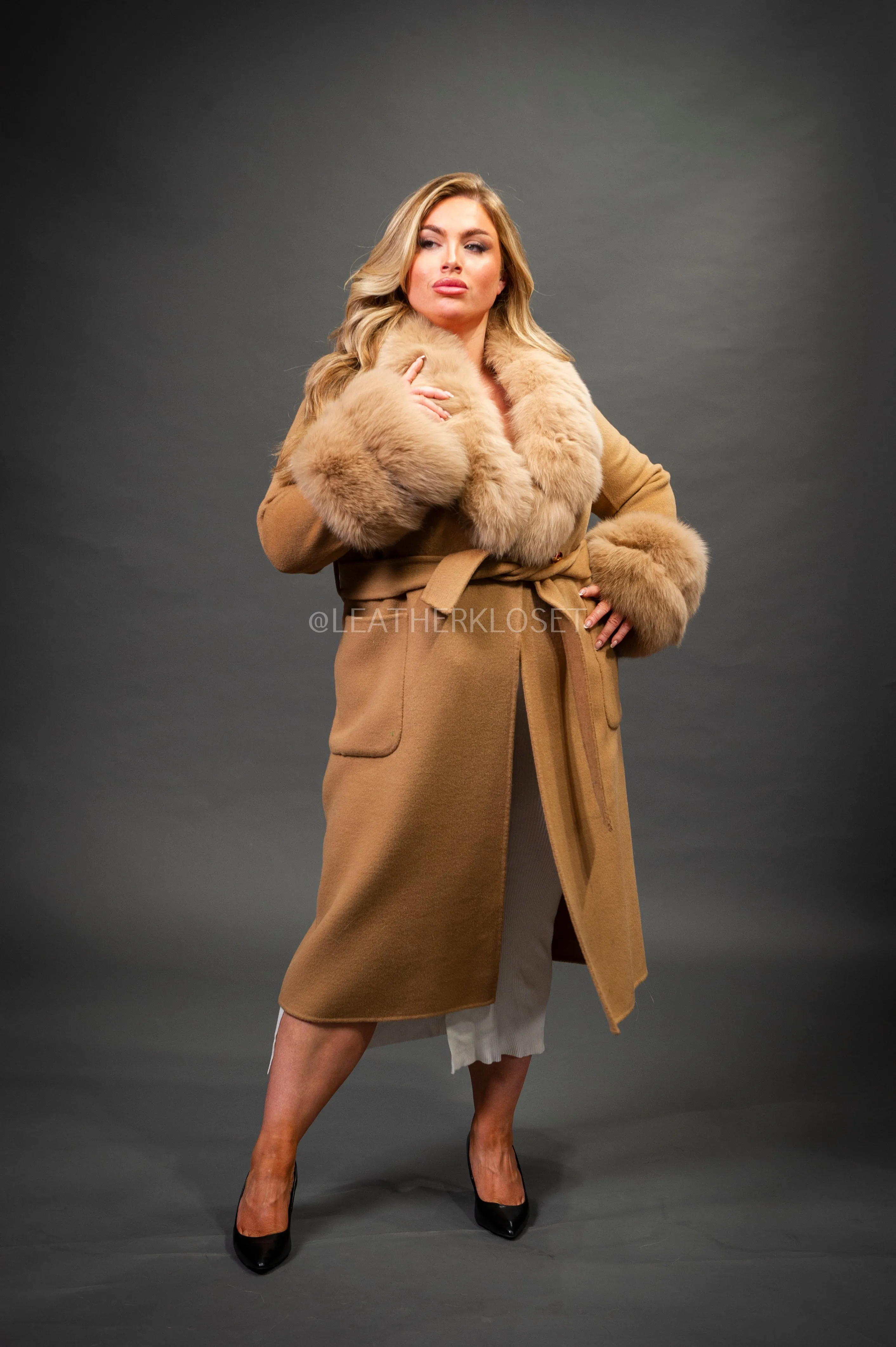 Women's Cashmere Trench Coat With Fox Trimming [Camel]