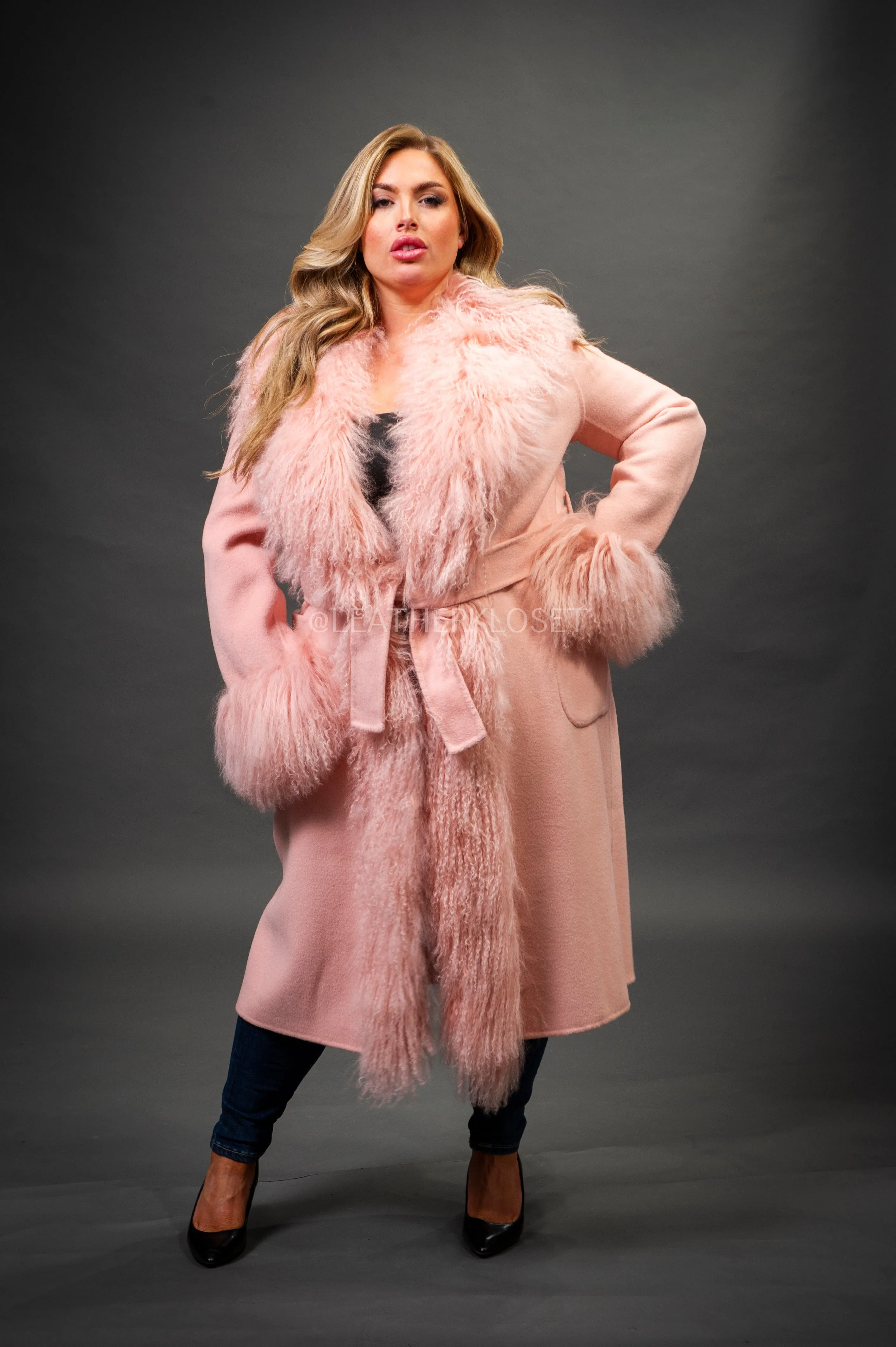 Women's Cashmere Trench Coat With Mongolian Fur Trimming [Pink]