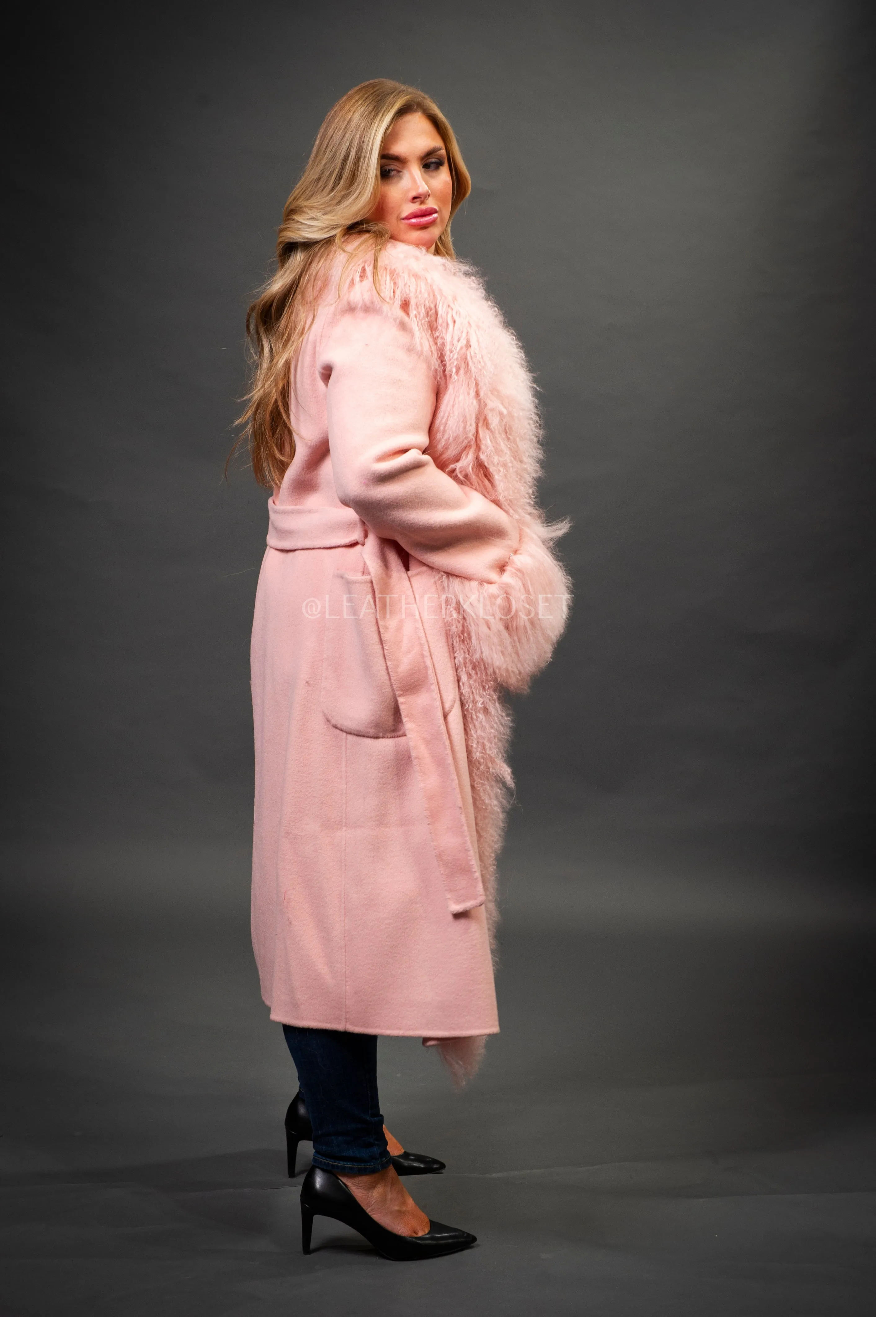 Women's Cashmere Trench Coat With Mongolian Fur Trimming [Pink]