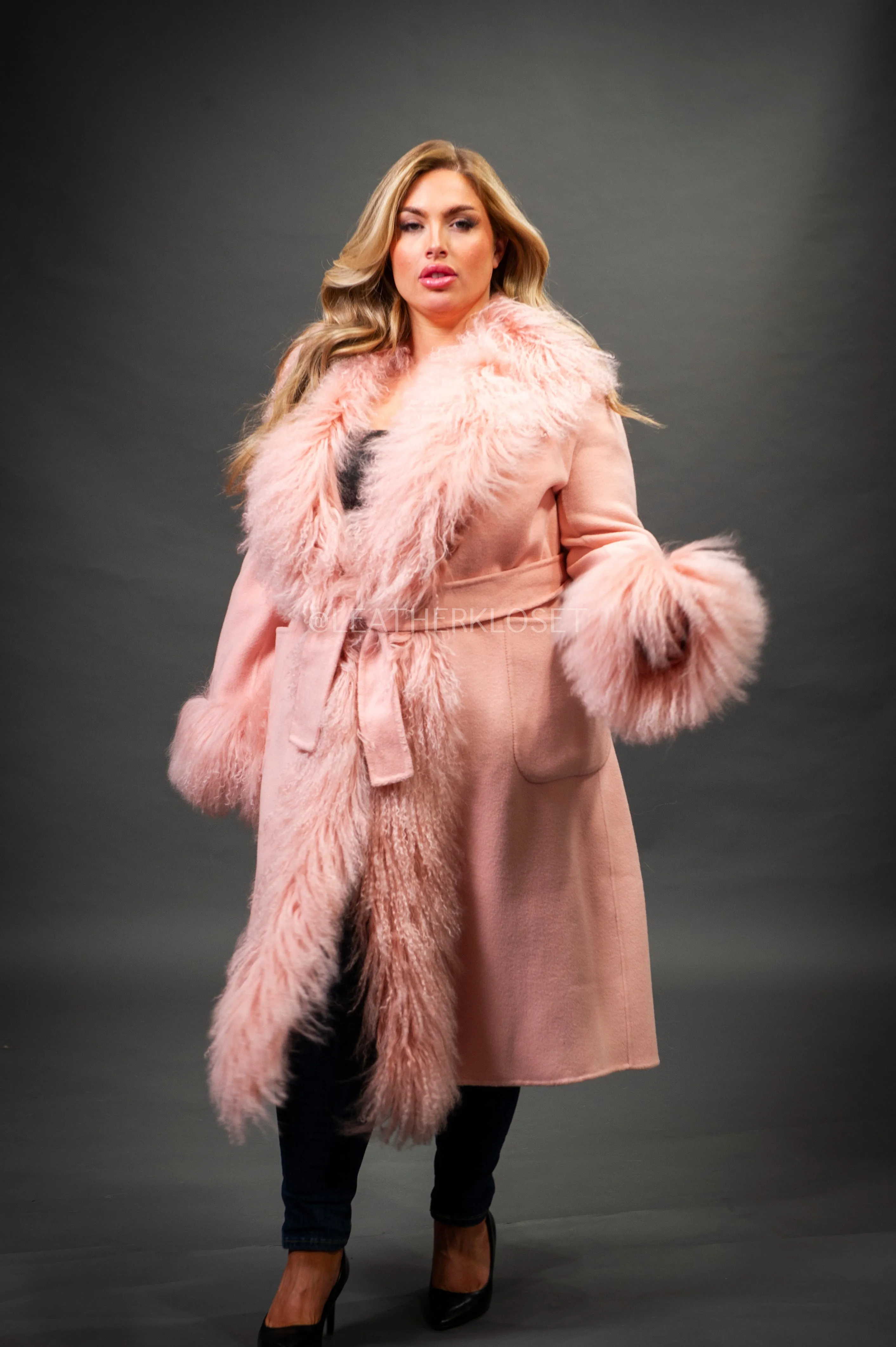 Women's Cashmere Trench Coat With Mongolian Fur Trimming [Pink]