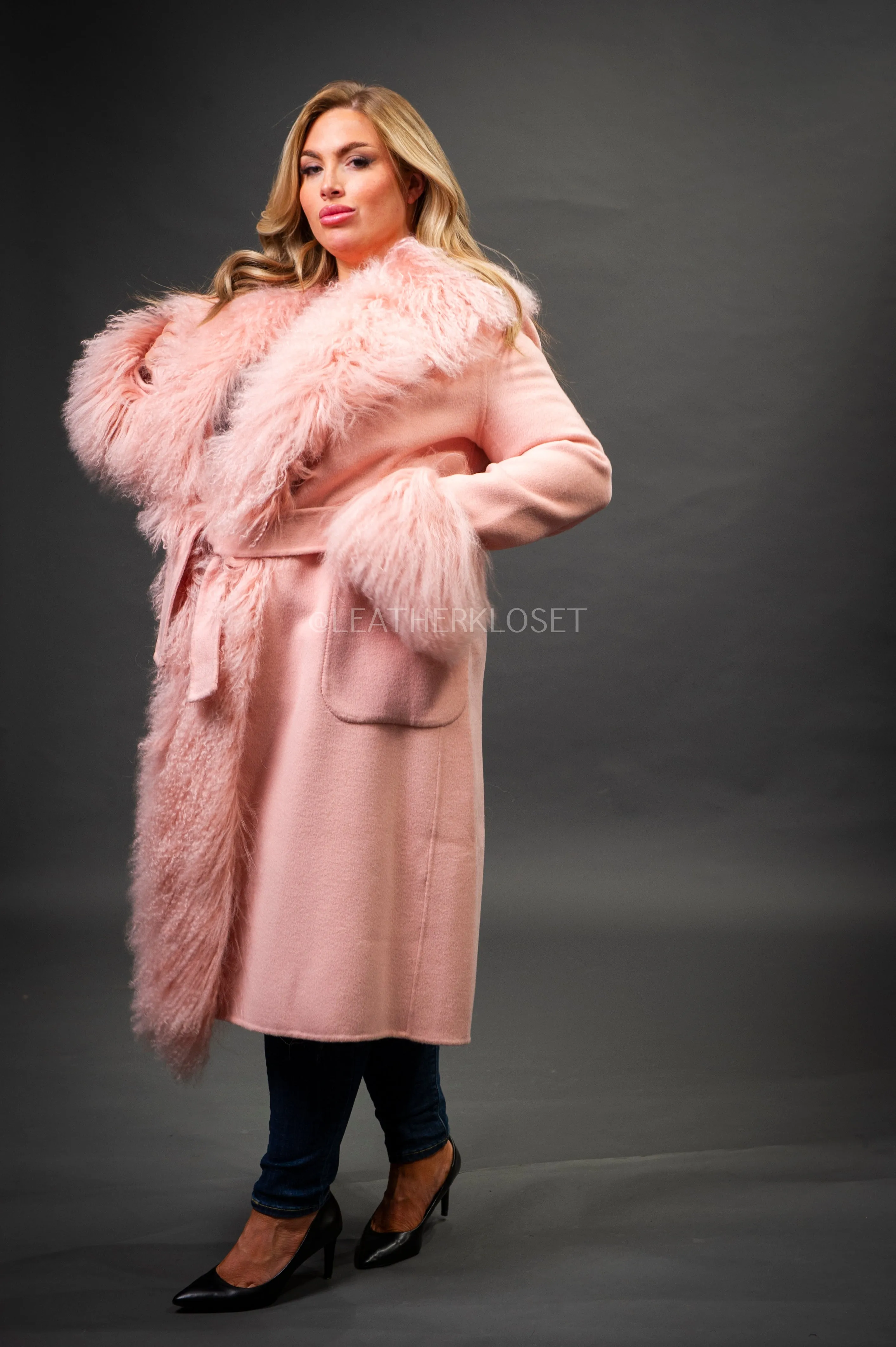 Women's Cashmere Trench Coat With Mongolian Fur Trimming [Pink]