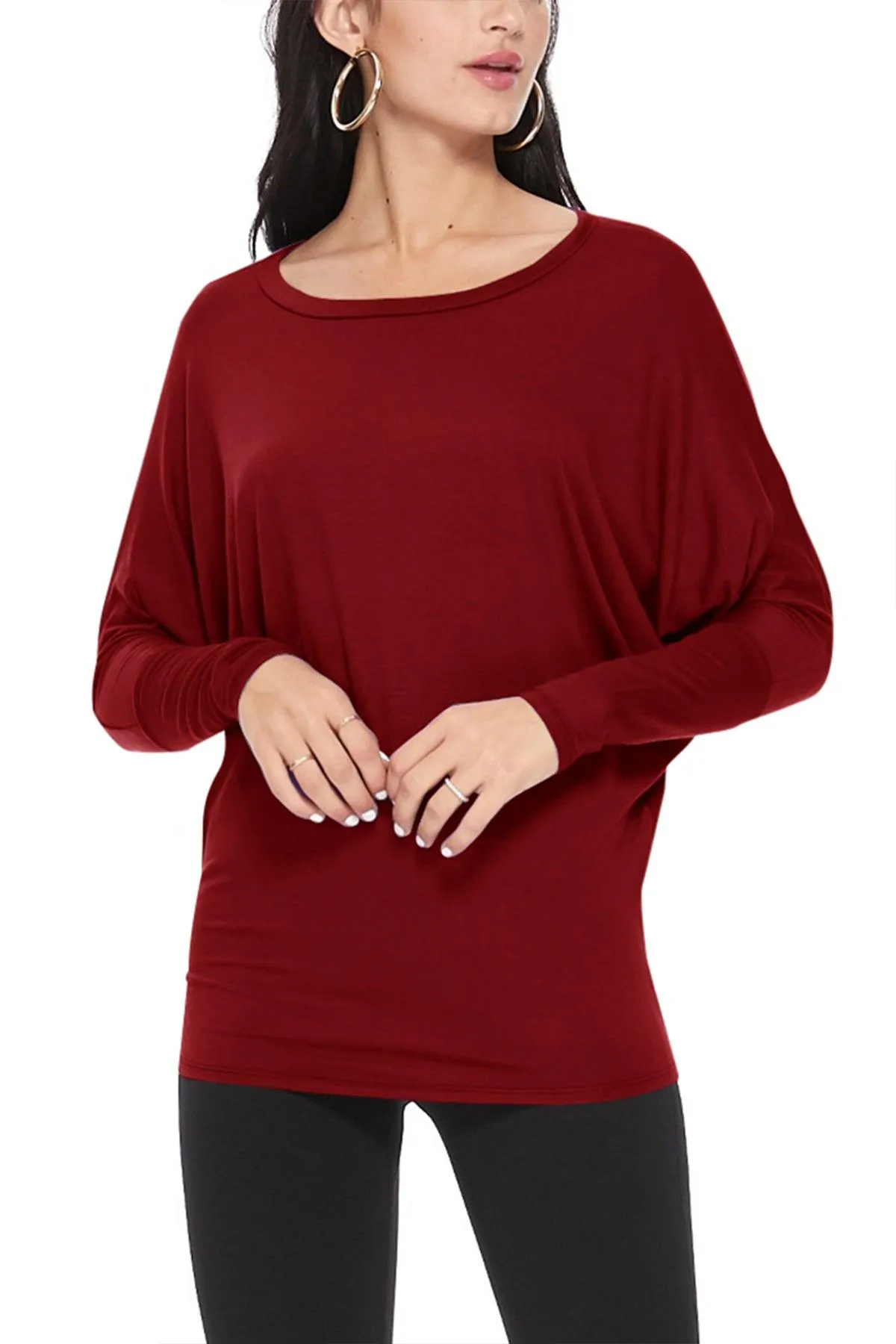 Women's Lightweight Solid Stretch Loose Fit Long Sleeve Dolman Tunic Top (Pack of 2)