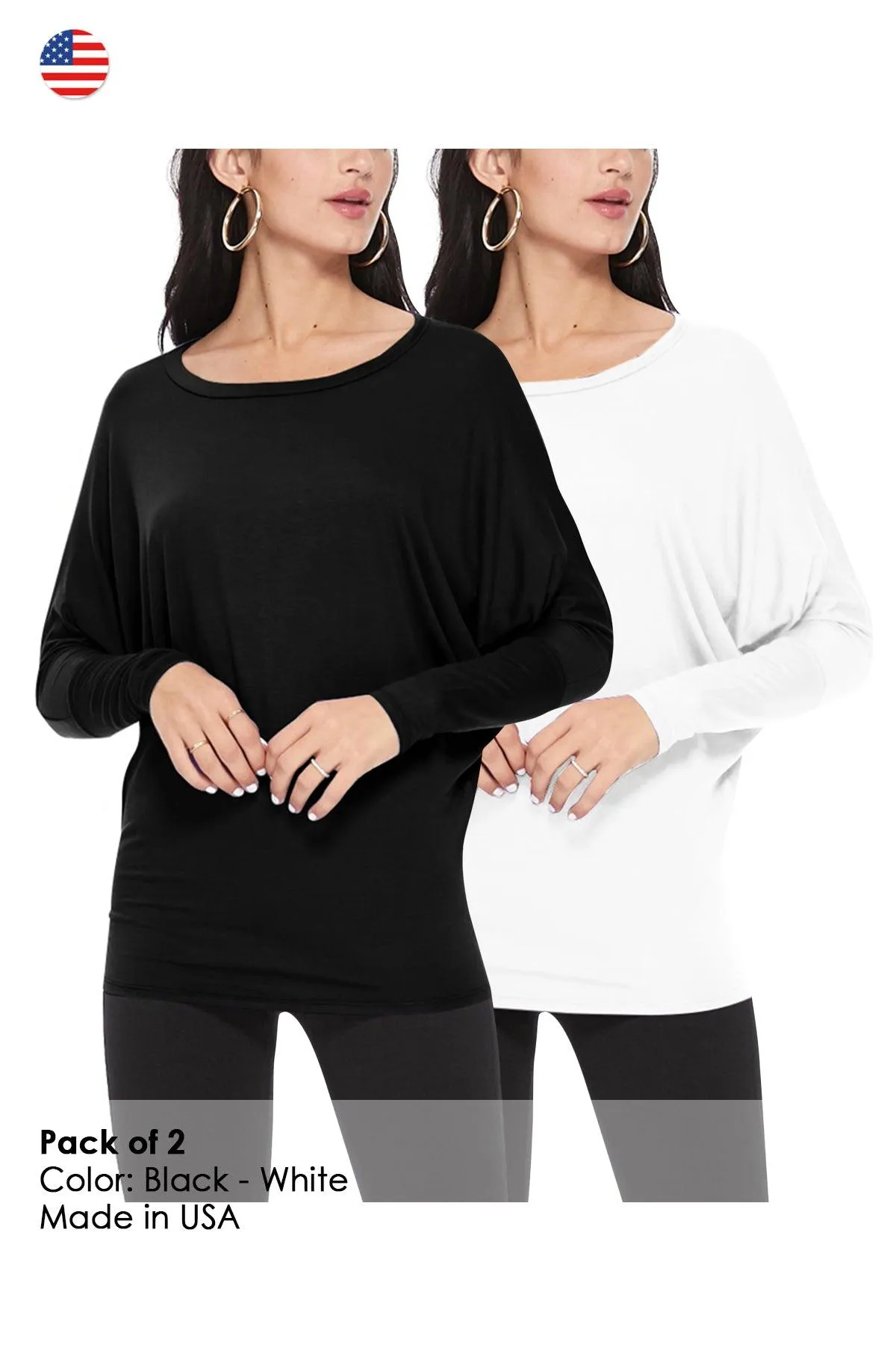 Women's Lightweight Solid Stretch Loose Fit Long Sleeve Dolman Tunic Top (Pack of 2)