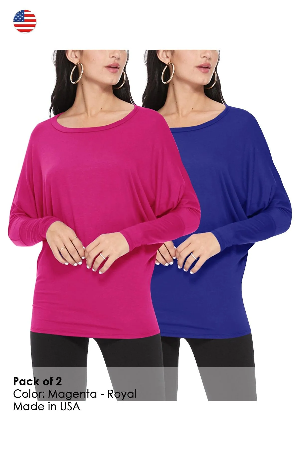 Women's Lightweight Solid Stretch Loose Fit Long Sleeve Dolman Tunic Top (Pack of 2)