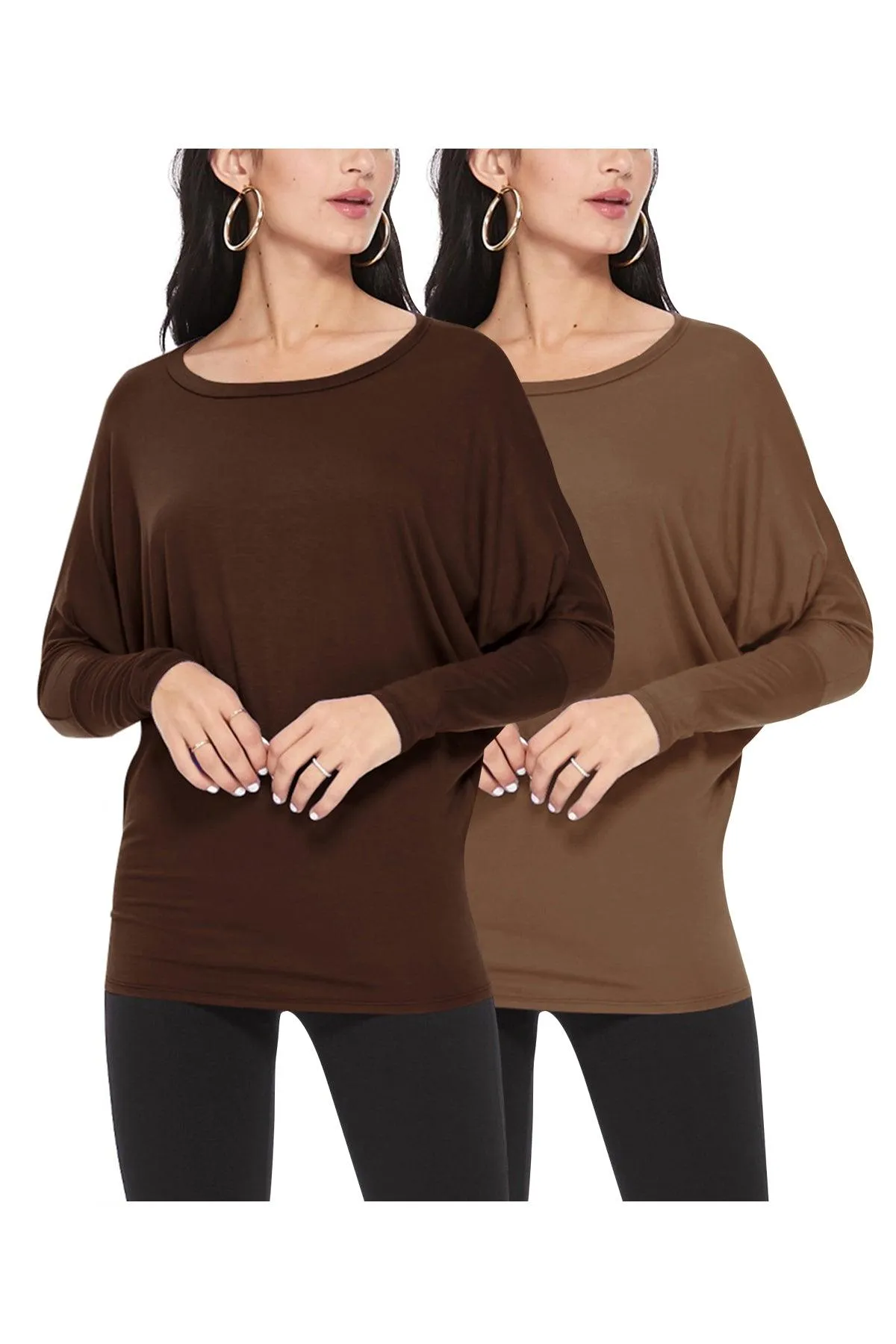 Women's Lightweight Solid Stretch Loose Fit Long Sleeve Dolman Tunic Top (Pack of 2)