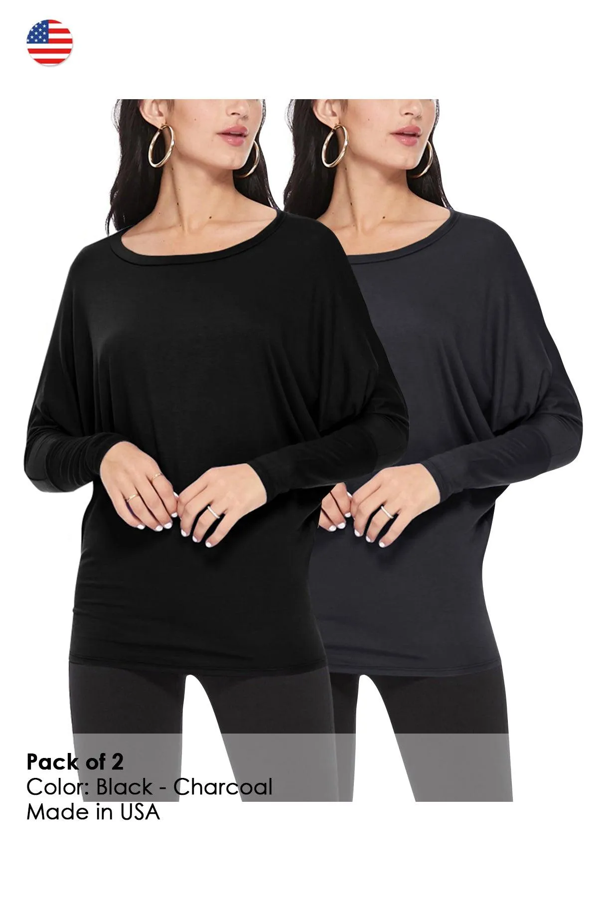 Women's Lightweight Solid Stretch Loose Fit Long Sleeve Dolman Tunic Top (Pack of 2)