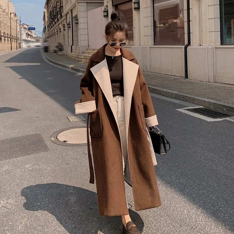 Women's Long Knee Length Loose Contrasting Woolen Coat