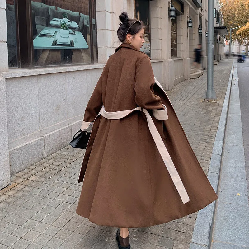 Women's Long Knee Length Loose Contrasting Woolen Coat