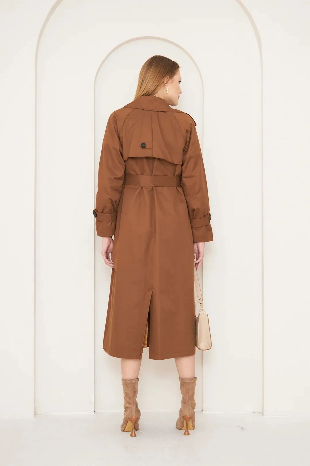 Women's Long Trench Coat with Button Detail - Tan - SCB-W12399