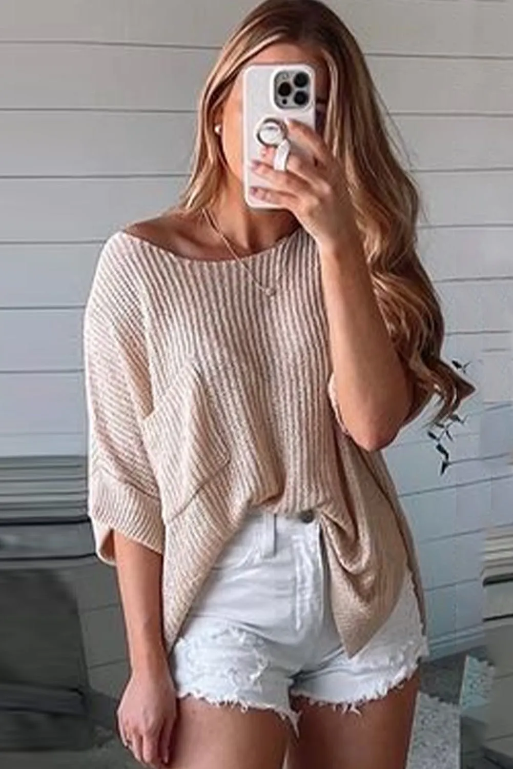 Women's Loose Fit Split Pocket Half Sleeve Knitted Top