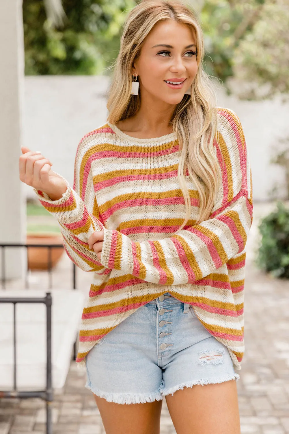 Women's Orange Stripes Long Sleeve Knitted Pullover